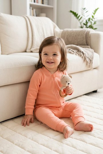 Kindje met lang haar in de Pink-jumpsuit met rits en open voetjes in een lichte woonkamer