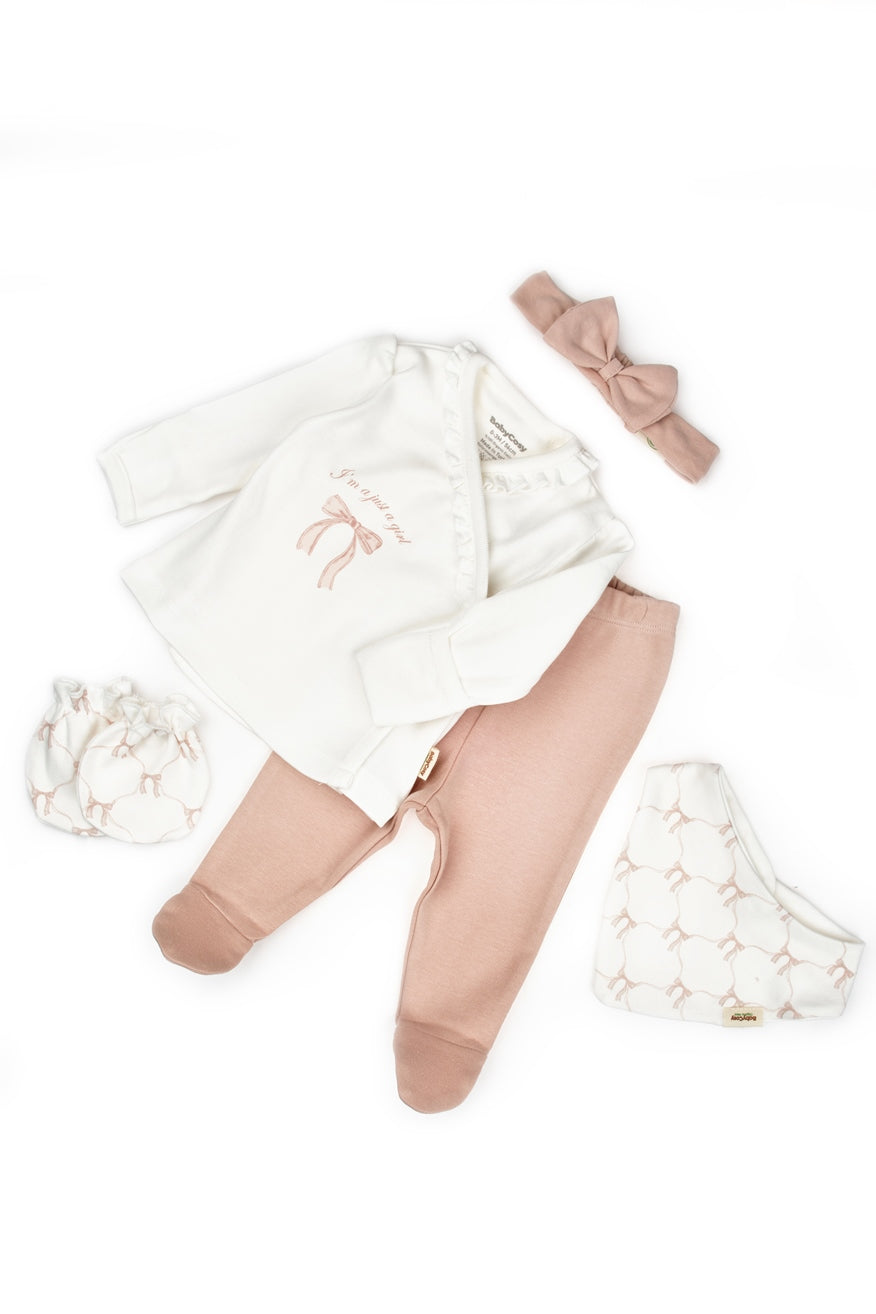 5-Delige Newborn Cadeau Set 100% Biologisch Katoen GOTS certificaat biologisch katoen hypoallergeen gevoelige huid eczeem baby babyshower cadeau biologisch katoen baby complete newborn set eco baby kleding ethisch geproduceerd gevoelige babyhuid gifvrij baby GOTS gecertificeerd hypoallergeen babykleding interlock katoen kraamcadeau biologisch luxe cadeau verpakking newborn cadeau newborn kleding set newborn set 0-3 maanden
