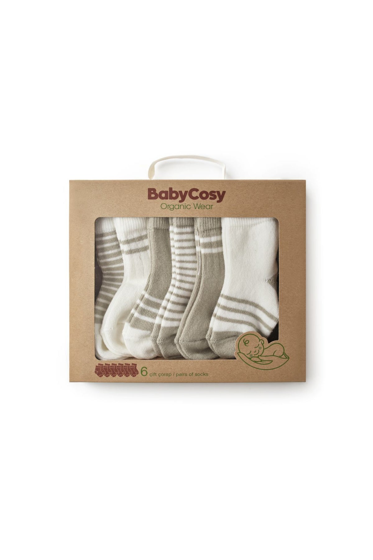 6-Pack Baby Sokjes 100% Biologisch Katoen Ecru & Olijfgroen biologisch katoen hypoallergeen gevoelige huid eczeem baby 0-6 maanden 12-24 maanden 6-12 maanden 6-pack ademend baby essentials baby sokjes biologisch katoen cadeau set cadeau verpakking cadeaudoosje duurzame babykleding ecru eczeem vriendelijk GOTS gecertificeerd hypoallergeen kraamcadeau mooie doos natuurlijke kleuren newborn sokjes olijfgroen praktische voorraad zachte boordjes