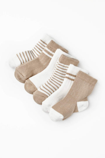 6-Pack Baby Sokjes Basic - 100% Biologisch Katoen - Ecru & walnoot biologisch katoen hypoallergeen gevoelige huid eczeem baby 0-6 maanden 12-24 maanden 6-12 maanden 6-pack ademend baby essentials baby sokjes biologisch katoen cadeaudoosje duurzame babykleding ecru eczeem vriendelijk GOTS gecertificeerd hypoallergeen kraamcadeau mink natuurlijke kleuren newborn sokjes praktische voorraad zachte boordjes