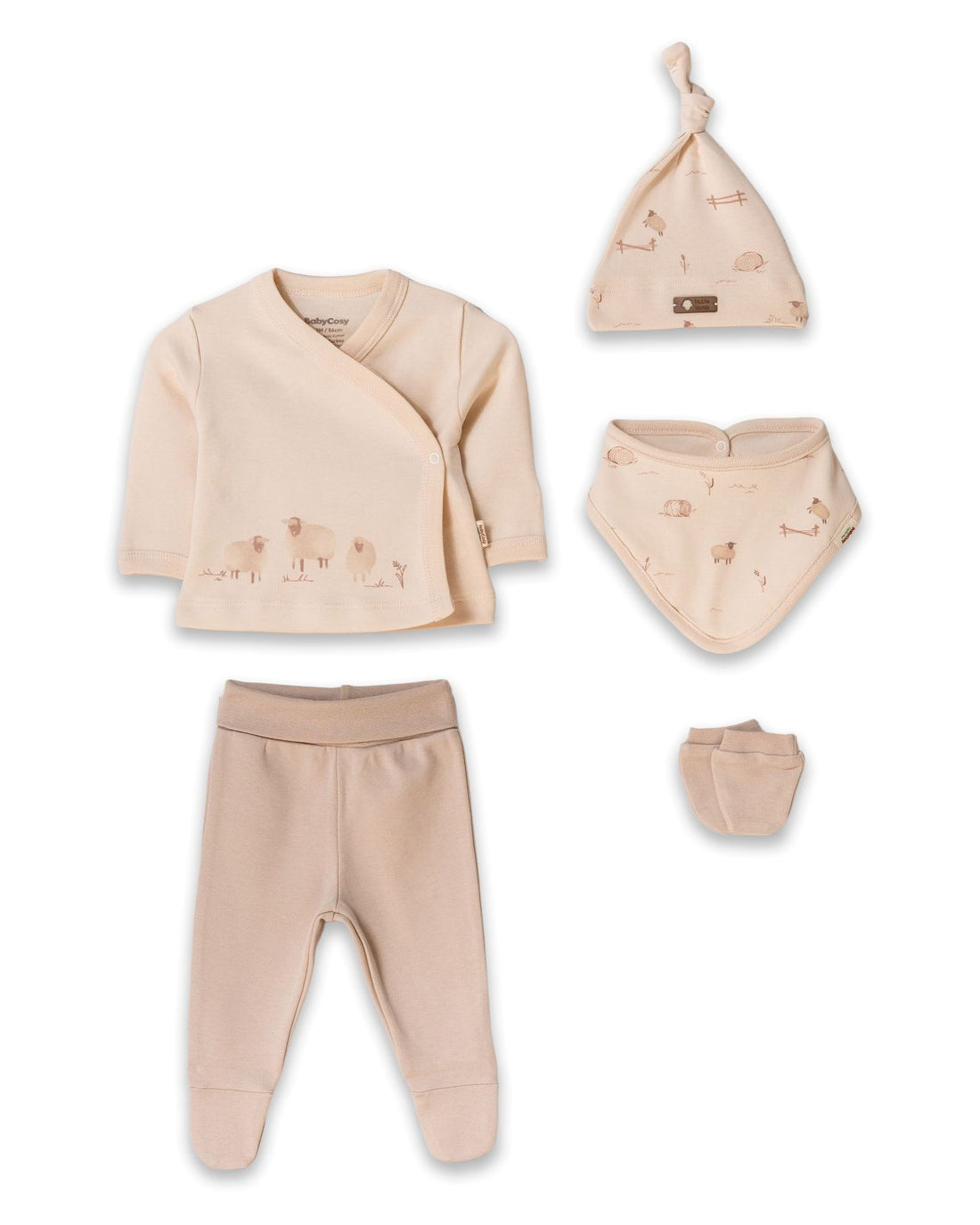 5-Delige Newborn Set - 100% Biologisch Katoen - Cream/Beige biologisch katoen hypoallergeen gevoelige huid eczeem baby 0-3 maanden 5-delige set baby mutsje biologisch katoen broekje met voetjes complete baby set cream beige duurzame babykleding eczeem vriendelijk GOTS gecertificeerd hypoallergeen interlock katoen kraamcadeau krabwantjes natuurlijke babykleding newborn essentials newborn set overslaghemdje pasgeboren baby slabbetje