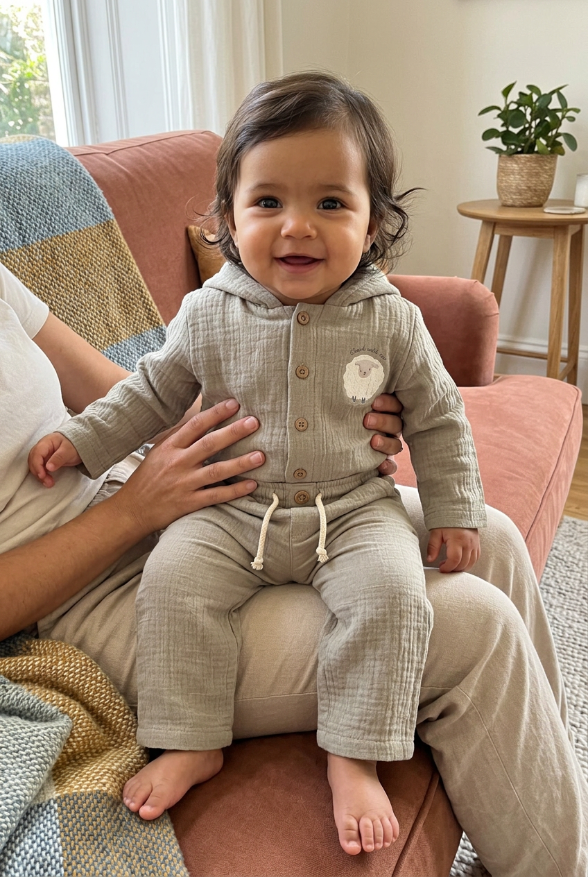 Luxe Tweedelige Set met Capuchon. Mousseline Buitenzijde & Katoenen Voering biologisch katoen hypoallergeen gevoelige huid eczeem baby 2-delige set bewust ouderschap biologisch katoen duurzaam eco-vriendelijk eczeem ethisch geproduceerd extra warm gevoelige huid gevoerde babyset hittepuistjes hypoallergeen kraamcadeau luxe miliaria mousseline puur natuur rode pukkeluitslag winter