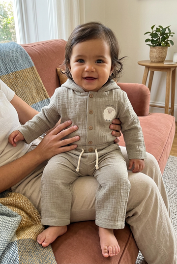 Luxe Tweedelige Set met Capuchon. Mousseline Buitenzijde & Katoenen Voering biologisch katoen hypoallergeen gevoelige huid eczeem baby 2-delige set bewust ouderschap biologisch katoen duurzaam eco-vriendelijk eczeem ethisch geproduceerd extra warm gevoelige huid gevoerde babyset hittepuistjes hypoallergeen kraamcadeau luxe miliaria mousseline puur natuur rode pukkeluitslag winter